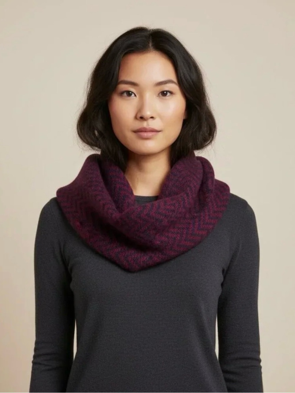 J.Crew Wool Blend Circle Scarf Burgundy Navy ZigZag Chevron Pattern